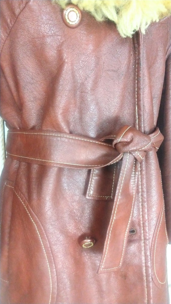 70s vintage brown faux leather belted sheepskin f… - image 4