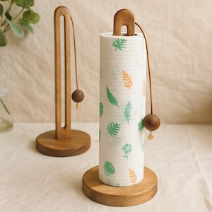 Portarotolo di carta igienica rustico in legno – Distributore di rotoli da cucina minimalista con perlina sospesa / Organizer in acacia naturale per piano di lavoro