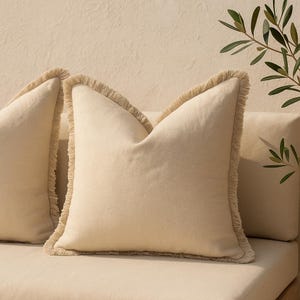 Boho Fringe Pillow Covers: Beige Farmhouse Cushion Cases (Set of 2)