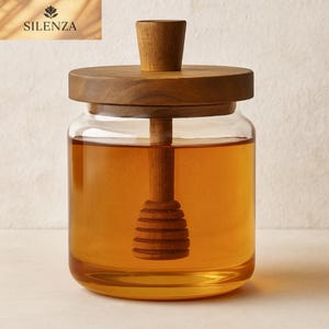 Glass Honey Jar with Wooden Dipper – Elegant Airtight Storage for Honey, Syrup & More (16.9oz)