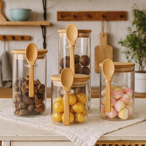 Airtight Glass Storage Jars with Bamboo Lids & Spoons – Clear Pantry Containers for Spices, Snacks, Candy, Coffee and Tea
