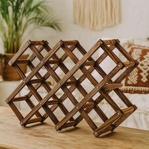 Expandable Wooden Wine Rack – 3/5/6/10 Bottle Holder | Rustic Wine Storage Shelf for Kitchen, Home Bar, Boho Decor, Gift for Wine Lovers