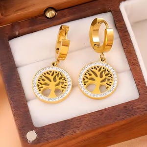 Gold Tree of Life Earrings: Crystal Dangle Hoops, Spiritual Jewelry