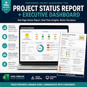 Modello Excel per il report sullo stato di avanzamento del progetto PMO / Dashboard direzionale, strumento di monitoraggio settimanale (download digitale)