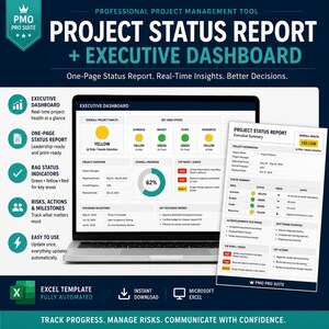 Project Status Report Excel Template | Executive Dashboard | PMO Project Management Tracker | Weekly Status Report