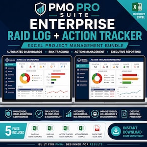 Könnte beinhalten: Ein digitales Projektmanagement-Paket mit dem Titel PMO PRO SUITE ENTERPRISE RAID LOG + ACTION TRACKER. Das Bild zeigt zwei Laptop-Bildschirme mit Daten-Dashboards, die Diagramme, Risikoverfolgung und Aktionsmanagement-Metriken enthalten.