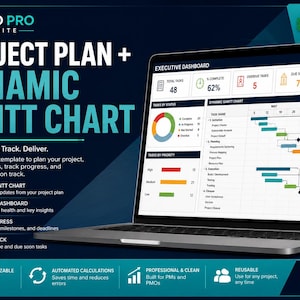 May include: A laptop screen displays an Excel template titled PMO PRO SUITE PROJECT PLAN + DYNAMIC GANTT CHART. The screen shows an executive dashboard with task metrics, a pie chart, bar graphs, and a detailed Gantt chart timeline for project management.