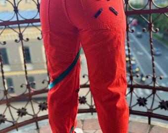 Upcycled Embroidered Jeans: One-of-a-Kind Orange Red Denim