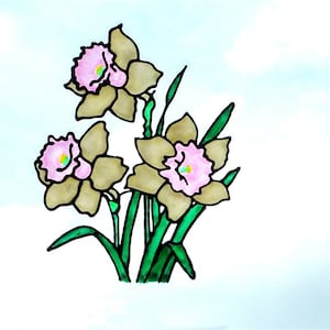Pink white daffodil window cling, sun catcher, faux stained glass