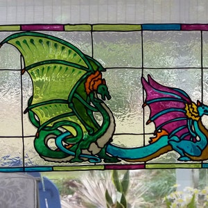 Carousel bench with 2 dragons window cling, stained glass look