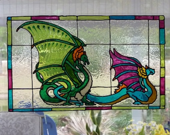 Carousel bench with 2 dragons window cling, stained glass look