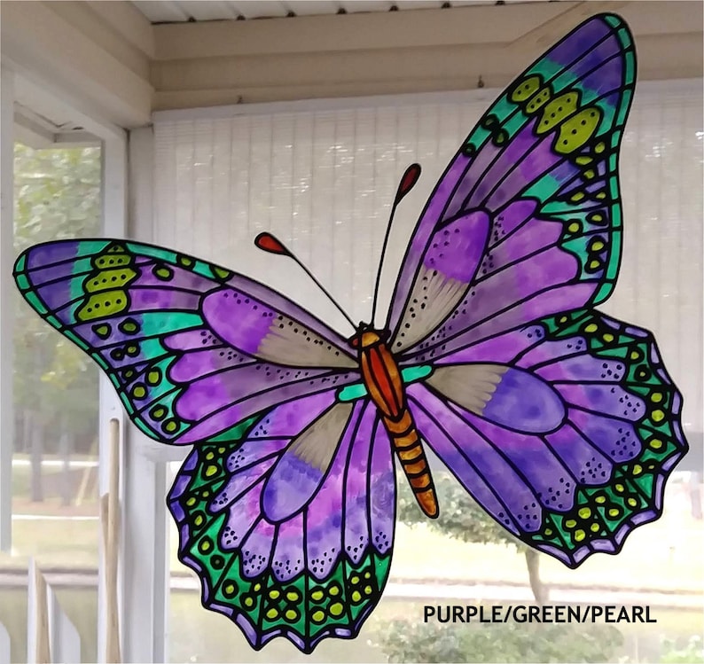 Butterfly giant blues purple and green window cling image 3