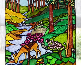 Forest stream window cling, stained glass look