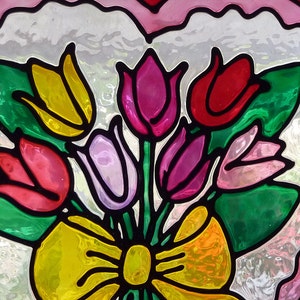 Heart series-I Love Tulips window cling, suncatcher, faux stained glass, decal