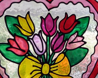 Série de coeur-I Love Tulips fenêtre s’accrochent, suncatcher, faux vitrail, décalque