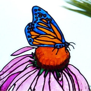 Pink coneflower blue orange butterfly window cling