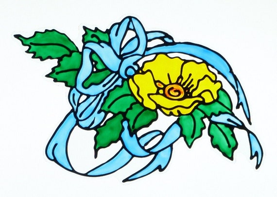 Yellow Rose Window Cling Blue Ribbon | Etsy