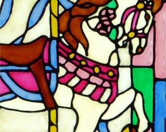 メリーゴーランドの馬の窓用ステッカー、ステンドグラス風