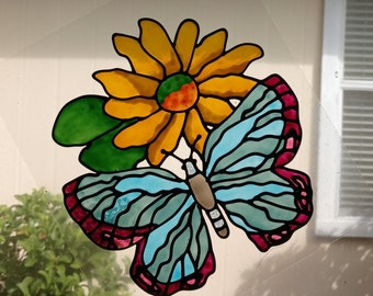 Sunflower and blue butterfly  window cling