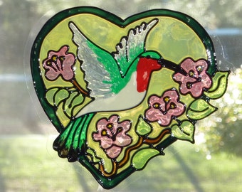 Heart series-Ruby-throated Hummingbird window cling, suncatcher, faux stained glass, decal