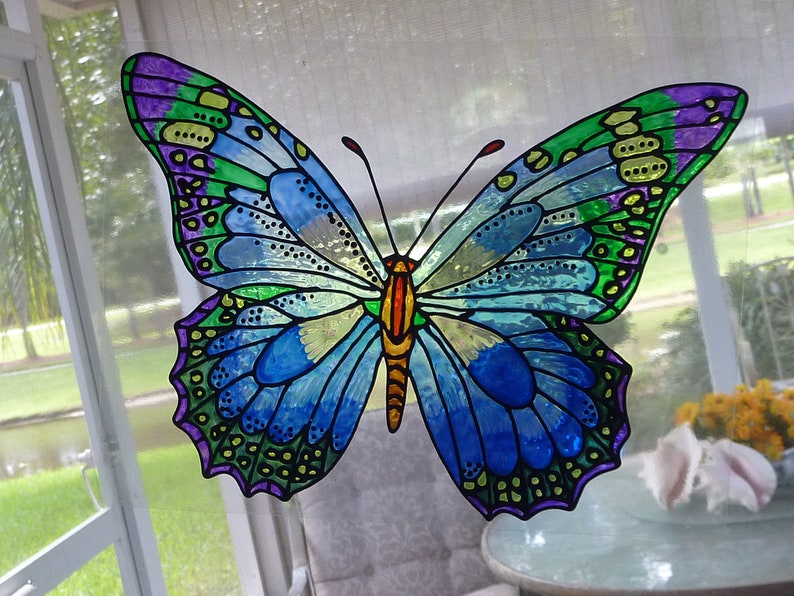Butterfly giant blues purple and green window cling | Etsy