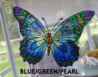 Butterfly giant blues purple and green window cling