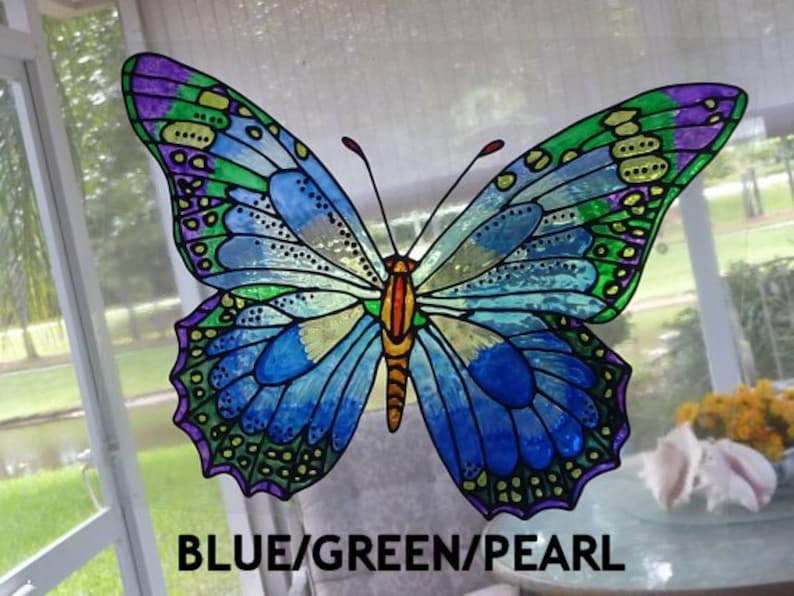 Butterfly giant blues purple and green window cling image 1