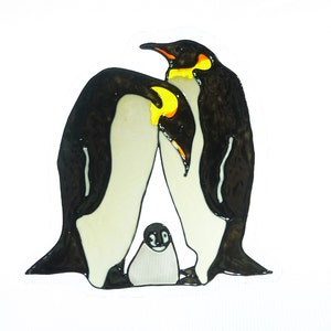 Famiglia pinguino imperatore, finestra aggrapparsi, prendisole, finto vetro macchiato, decalcomania