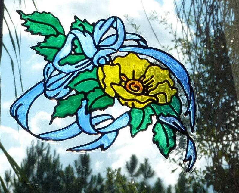 Yellow Rose Window Cling Blue Ribbon Etsy
