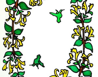 Honeysuckle vine window cling, hummingbird, mirror accent