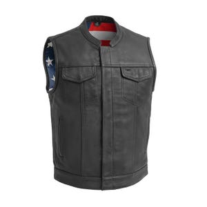 Men&#39;s Black Cowhide Leather Motorcycle & Biker Leather Vest - Black Stitch