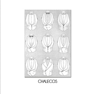 May include: Nine black and white illustrations of waistcoats with bow ties. The waistcoats have various designs, including single-breasted, double-breasted, and different lapel styles. The word "CHALECOS" is written at the bottom.