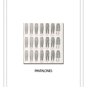 以下が含まれることがあります： 「PANTALONES」とラベル付けされた、男性用パンツのさまざまなスタイルを示すチャートです。
