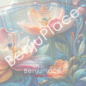 May include: A t-shirt design featuring a floral embroidery pattern in shades of pink, orange, and blue. The design includes the text "BenjuPlace" and other text that is difficult to read.