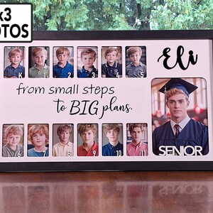 May include: A black rectangular photo frame featuring twelve small portrait slots labeled K through 11, a large portrait slot labeled SENIOR, and the text Eli from small steps to BIG plans. The frame includes a 2x3 photos label in the corner.