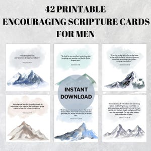 Könnte beinhalten: Druckbare Bibelverskarten für Männer mit Aquarell-Bergillustrationen und Bibelversen. Die Karten enthalten den Text "42 Printable Encouraging Scripture Cards For Men" und "Instant Download".