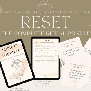 May include: The "RESET" Complete Ritual Bundle includes a journal, a tablet with daily prompts, and affirmation cards. The journal features a line drawing of a person. The affirmation cards have inspirational quotes. The bundle is designed for reconnection and empowerment.