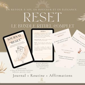 Peut inclure: Un ensemble beige avec le mot "RESET" en grandes lettres. L'ensemble comprend un journal, des cartes d'affirmation et une tablette avec du texte. Le texte comprend "Journal", "Routine" et "Affirmations".
