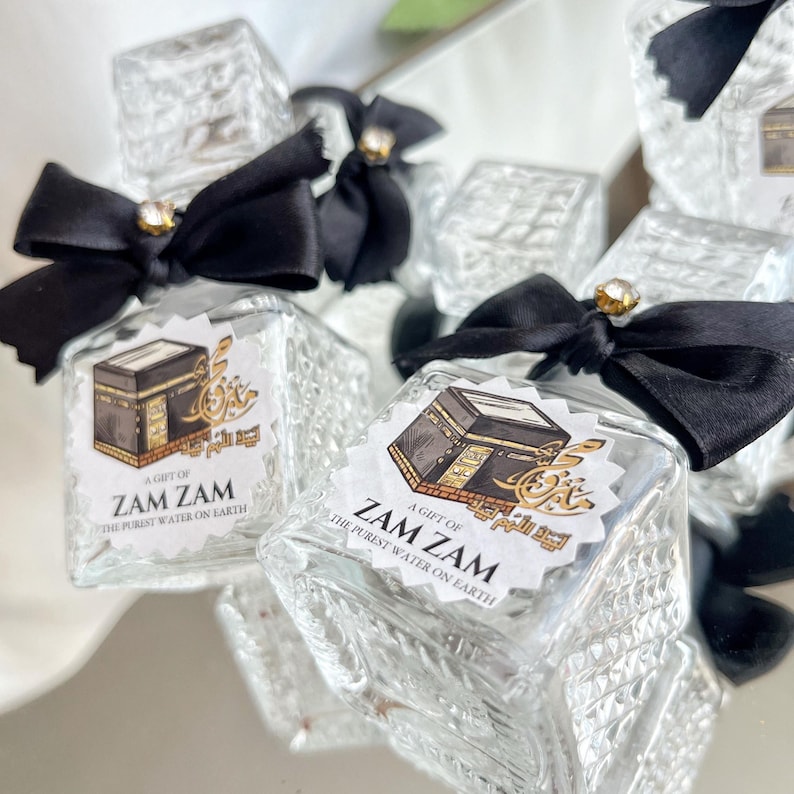 Kabaa Label Empty Zamzam Bottle With Kaaba Label and Black Bow – Islamic Glass ...