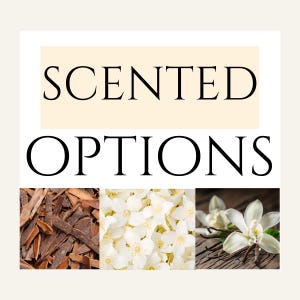 Puede incluir: Imagen con el texto "SCENTED OPTIONS". Debajo del texto hay tres imágenes: corteza de canela, flores de jazmín blanco y una flor de vainilla con vainas de vainilla.