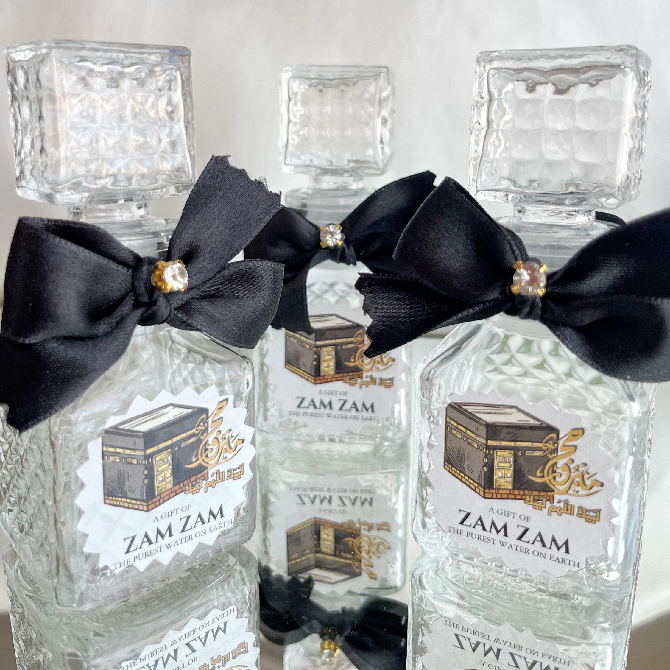 Kabaa Label Empty Zamzam Bottle With Kaaba Label and Black Bow – Islamic Glass ...