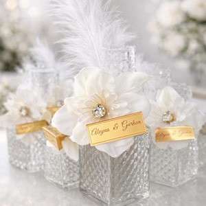 Personalized Wedding Favors - Elegant Glass Perfume Bottles with Flowers & Feathers