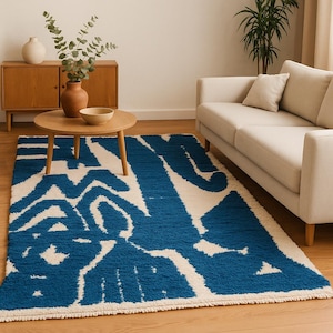 Blue and White Berber Rug: Modern Moroccan Wool Carpet