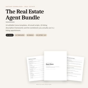 Könnte beinhalten: Das Real Estate Agent Bundle enthält 24 bearbeitbare Canva-Vorlagen, 40 E-Mail-Skripte, 20 Frameworks für Immobilienbeschreibungen und Arbeitsblätter. Das digitale Produkt umfasst 83 Seiten in US Letter und A4, mit Start Here Text.