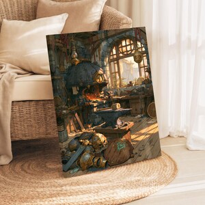 May include: A rectangular canvas print depicting a blacksmith workshop interior with a glowing forge, a metal anvil, and scattered armour pieces including a helmet and shield on a wooden floor, illuminated by warm sunlight streaming through a window.