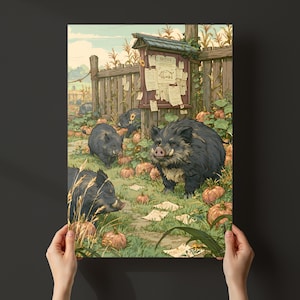 May include: A vertical art print depicting several dark-furred wild boars in a pumpkin patch. A wooden notice board with papers and a drawing of a boar stands near a fence. The scene includes scattered papers, orange pumpkins, and tall grass.