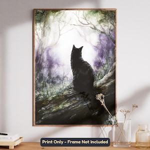 May include: A framed art print featuring a black cat perched on a mossy log in a forest setting. The artwork has a watercolor style with purple and green hues, and a bright light in the background. The text at the bottom reads "Print Only - Frame Not Included."