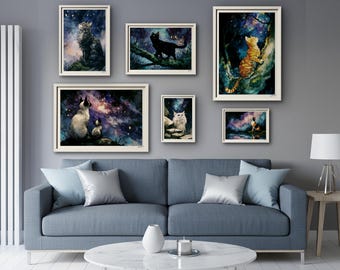 Celestial Cat Art Prints – Whimsical Star Gazers Gallery Wall (Set of 6) (Digital Download)