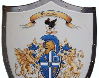 Hand Painted Coat of Arms Knight Shield with Shield Supporters