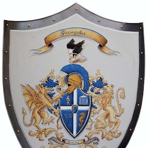 Personalized Coat of Arms knight shield, hand painted family crest Coat of Arms shield w. shield supporters